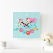 キュートスイミング人魚テーマ スクエア壁時計 (ホーム)