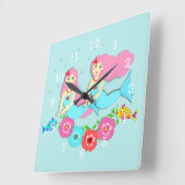 キュートスイミング人魚テーマ スクエア壁時計 (傾斜)