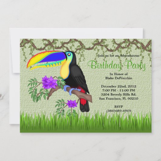 キュートスイートトゥーカンバードつる植物ジャングル誕生日 招待状 (正面)