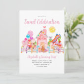 キュートスウィートお祝いキャンディランド子供の誕生日 招待状 (スタンド正面)