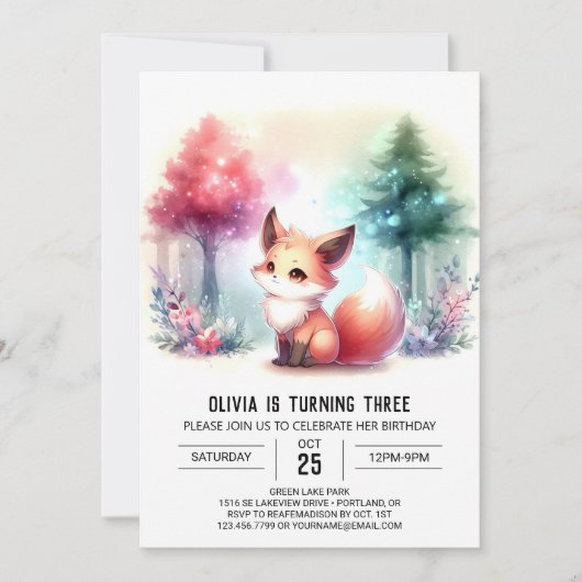 キュートスウィートキツネ誕生日デジタル 招待状 (正面)