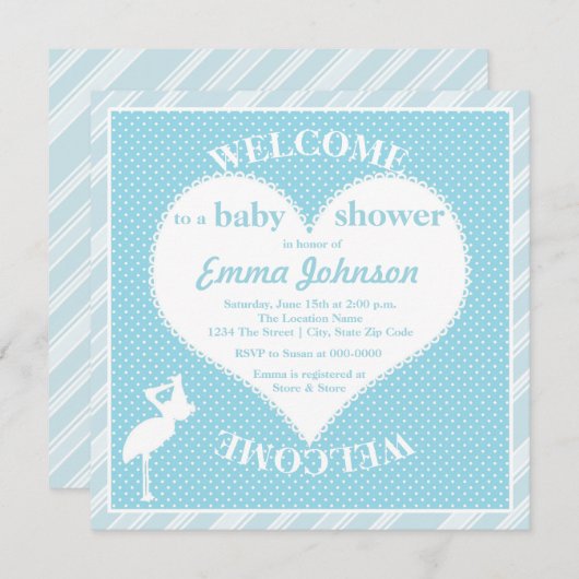 キュートスウィートコウノトリハート男の赤ちゃんシャワー 招待状 (正面/裏面)