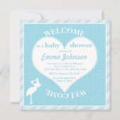 キュートスウィートコウノトリハート男の赤ちゃんシャワー 招待状 (正面)