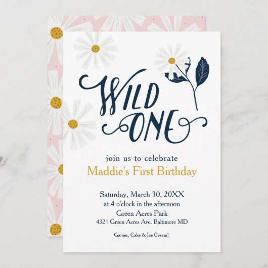 キュートスカンジィデイジーワイルドワン第1誕生日 招待状 (正面/裏面)
