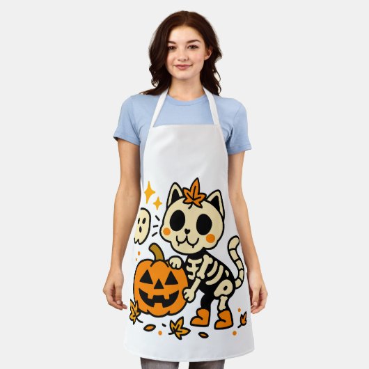 キュートスケルトンキャット全面プリントエプロン、ミディアム エプロン (着用した状態)