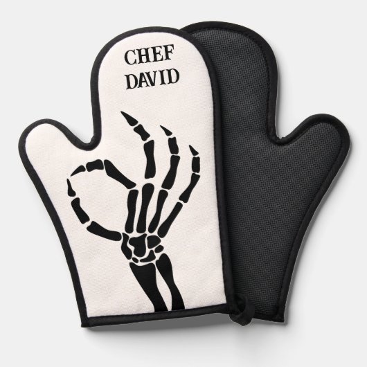 キュートスケルトンハンドOKサインシェフおもしろいスカル 鍋つかみ (正面/裏面)