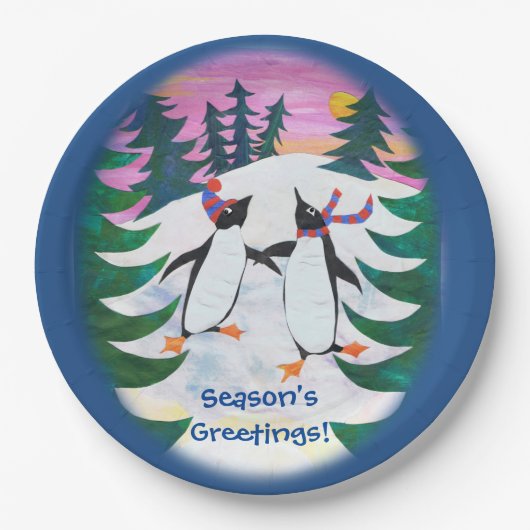 キュートスケートで滑るペンギンスノー紙プレート ペーパープレート (正面)