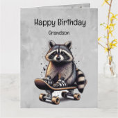 キュートスケートボードラクーン孫誕生日 カード (黄色い花)