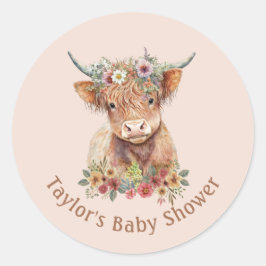 キュートスコティッシュハイランドカウウォータカラーピンクピーチC ラウンドシール