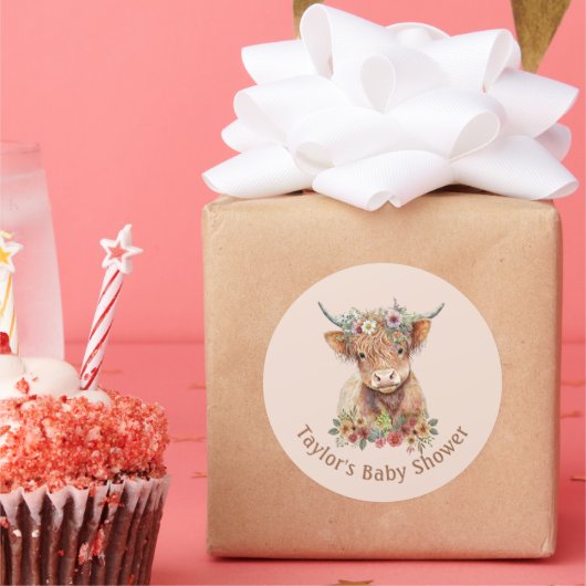 キュートスコティッシュハイランドカウウォータカラーピンクピーチC ラウンドシール (パーティー)