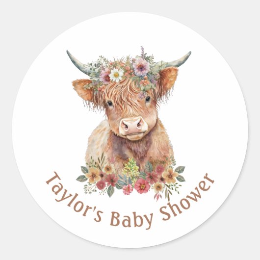 キュートスコティッシュハイランドカウウォータカラーピンクピーチC ラウンドシール (正面)