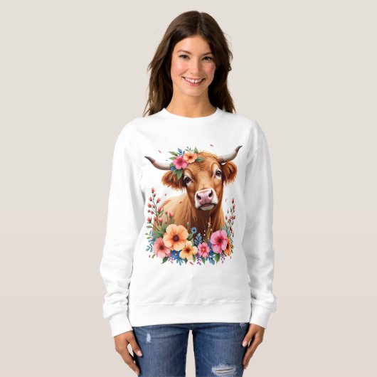 キュートスコティッシュハイランドカウズフローラ スウェットシャツ (正面フル)