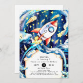 キュートスターズロケット誕生日 招待状 (正面/裏面)