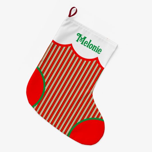 キュートストライプのパーソナライズされた ラージクリスマスストッキング (正面 (吊り時))