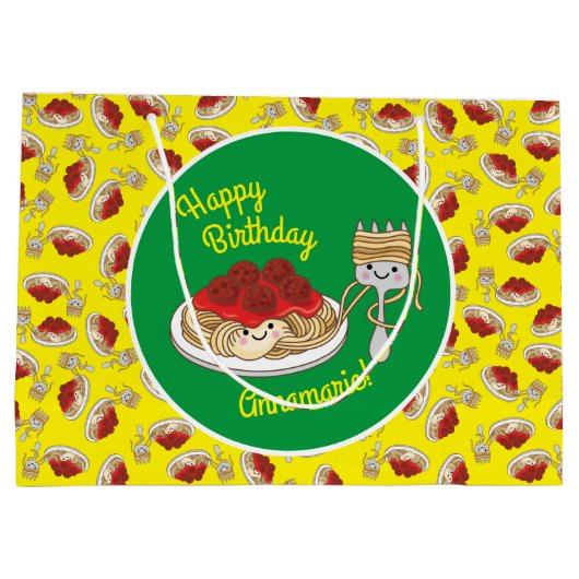 キュートスパゲッティ子供の誕生日パーティーかわいい ラージペーパーバッグ (裏面)