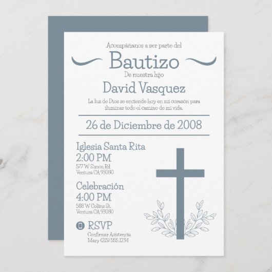 キュートスペインのバウティゾ十字架と葉Iのバプティス 招待状 (正面/裏面)