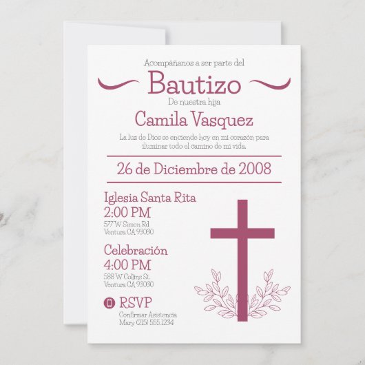 キュートスペインのバウティゾ十字架と離れのバプテスマ 招待状 (正面)