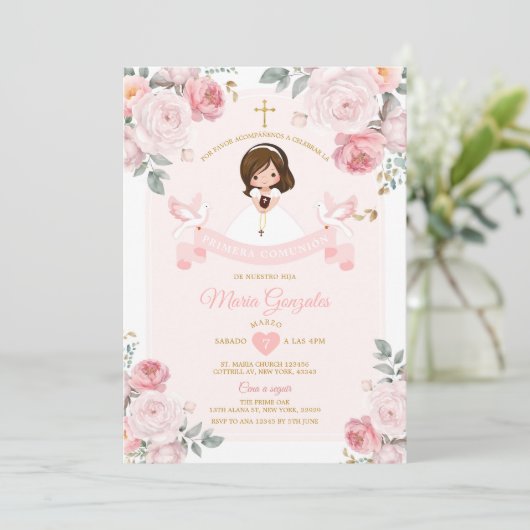 キュートスペインの小さな女の子ピンクプリメラコムニオン 招待状 (スタンド正面)