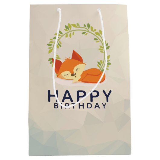 キュートスリーピングオレンジキツネとグリーン葉リース ミディアムペーパーバッグ (正面)