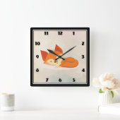 キュートスリーピングオレンジキツネウィズグリーン葉リース スクエア壁時計 (ホーム)