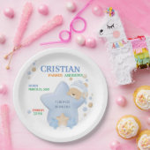 キュートスリーピングテディベア男の赤ちゃん誕生統計ページ ペーパープレート (パーティー)