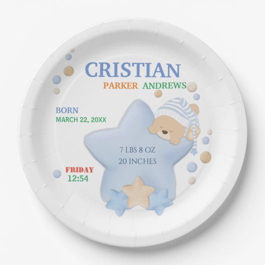 キュートスリーピングテディベア男の赤ちゃん誕生統計ページ ペーパープレート (正面)