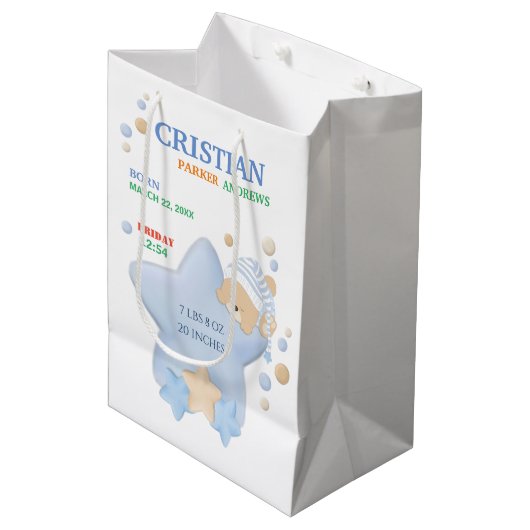 キュートスリーピングテディベア男の赤ちゃん誕生統計 ミディアムペーパーバッグ (正面アングル)