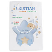 キュートスリーピングテディベア男の赤ちゃん誕生統計 ミディアムペーパーバッグ (正面)