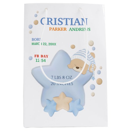 キュートスリーピングテディベア男の赤ちゃん誕生統計 ミディアムペーパーバッグ (正面)