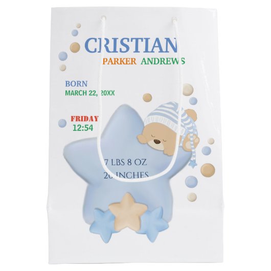 キュートスリーピングテディベア男の赤ちゃん誕生統計 ミディアムペーパーバッグ (裏面)