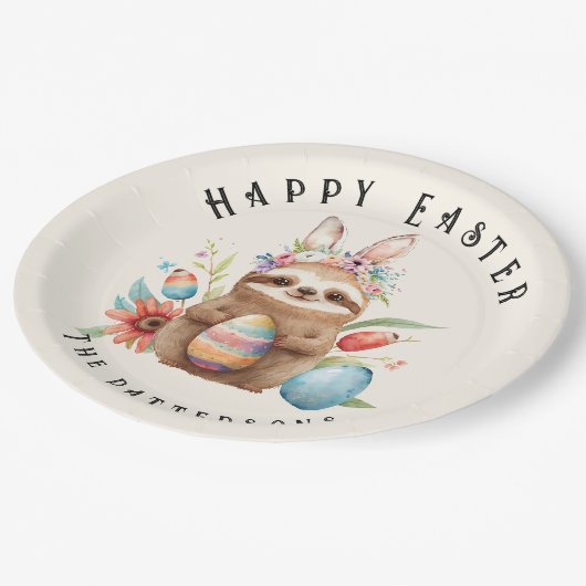 キュートスロッスハッピーイースターバニーラビットエッグズネーム ペーパープレート (アングル)