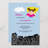 キュートスーパーヒーローガールズバースデーパーティー招待状 招待状 (正面/裏面)