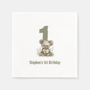 キュートセージグリーンコアラベアー1歳の誕生日パーティー スタンダードカクテルナプキン