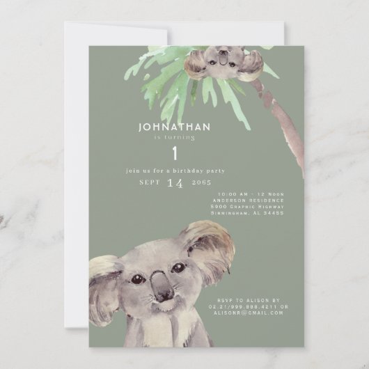 キュートセージコアラベア1st誕生日パーティの招待状 招待状 (正面)