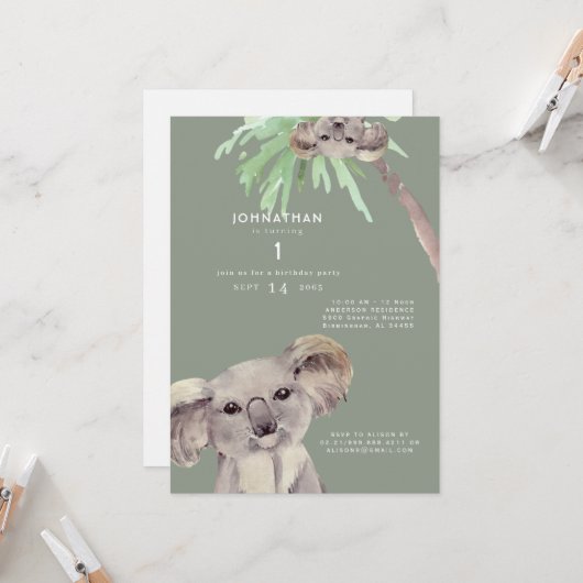 キュートセージコアラベア1st誕生日パーティの招待状 招待状 (正面/裏面インサイチュ)