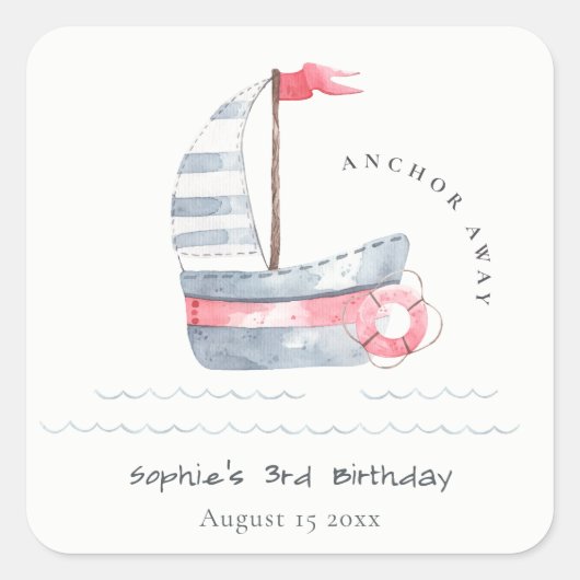 キュートソフト航海のレッドブルーセーリングボート子供の誕生日 スクエアシール (正面)