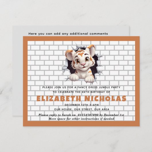 キュートタイガーキュブピーキング招待状テンプレートオレンジ 招待状 (正面/裏面)