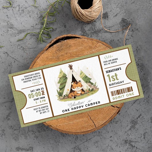 キュートタイガーワンハッピーキャンパー1st誕生日チケット 招待状