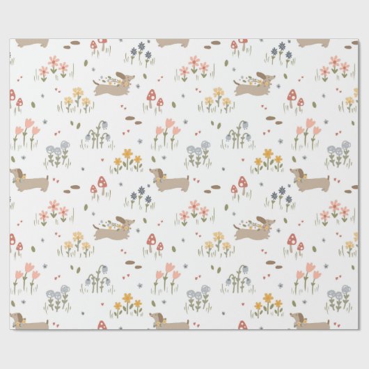 キュートダシュンドワイルドフラワー誕生日ベビーパーティー ラッピングペーパー (フラット)