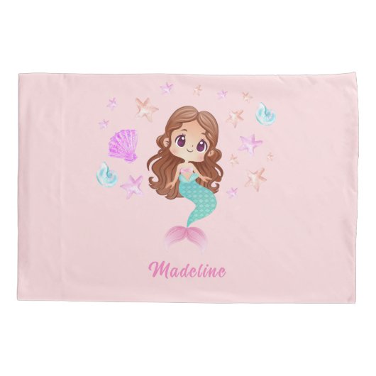 キュートダークヘアマーメイド名前をカスタムする 枕カバー (裏面)