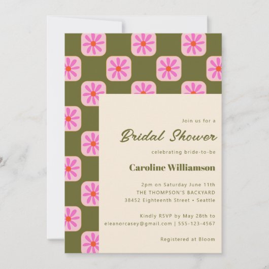 キュートチェッカーボードフラワーグリーンピンクブライダルシャワー 招待状 (正面)