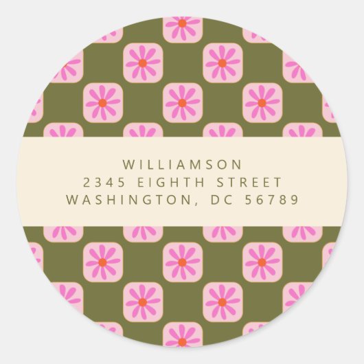 キュートチェッカーボードフラワーグリーンピンク差出人住所 ラウンドシール (正面)