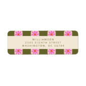 キュートチェッカーボードフラワーグリーンピンク差出人住所 ラベル (正面)