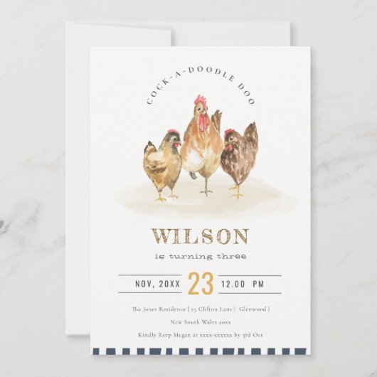 キュートチキンファーム水彩子供の誕生日招待状 サンキューカード (正面)