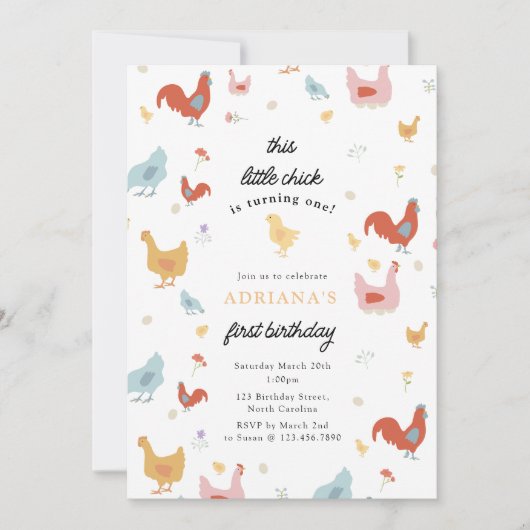 キュートチキンヘンズアンドシックガールファースト誕生日 招待状 (正面)