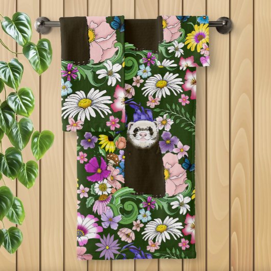 キュートチョコレートセーブルフェレットフローラグリーン バスタオルセット