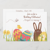 キュートチョコレートバニーとイースターエッグ誕生日 招待状 (正面/裏面)