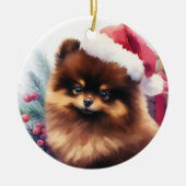 キュートチョコレートブラウンポメラニア犬クリスマス セラミックオーナメント (正面)