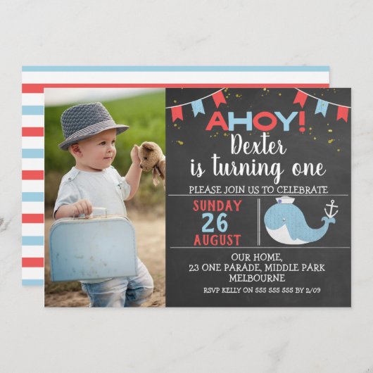 キュートチョークボードホエールフォト誕生日招待状 招待状 (正面/裏面)