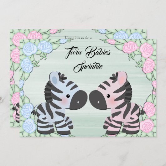 キュートツインベビーゼブラス&フラワーズベビースプリンクル 招待状 (正面/裏面)